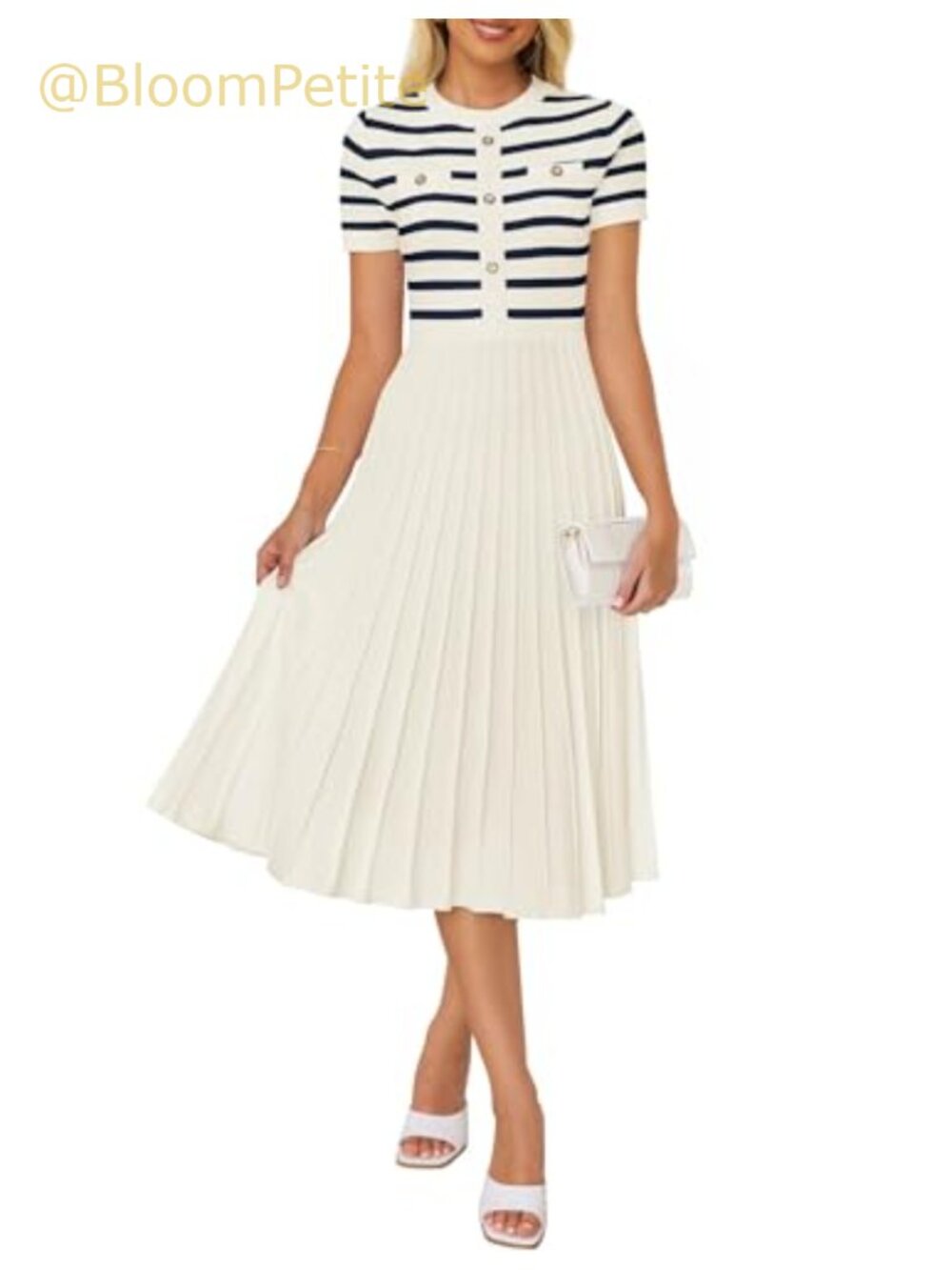 Striped Crewneck Short Sleeve Midi Dress Pleated A-Line